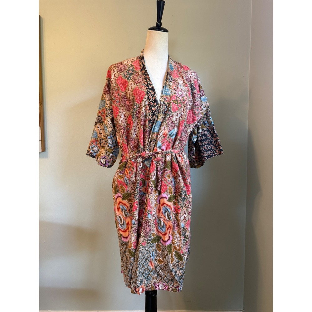 Vintage Batik Floral Patchwork Robe Kimono Duster Red Blue boho whimsigoth paisl